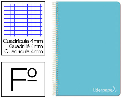 CUADERNO ESPIRAL LIDERPAPEL FOLIO WITTY TAPA DURA 80H 75GR CUADRO 4MM CON MARGEN COLOR CELESTE