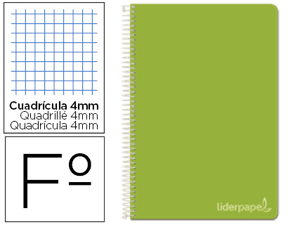 CUADERNO ESPIRAL LIDERPAPEL FOLIO WITTY TAPA DURA 80H 75GR CUADRO 4MM CON MARGEN COLOR VERDE