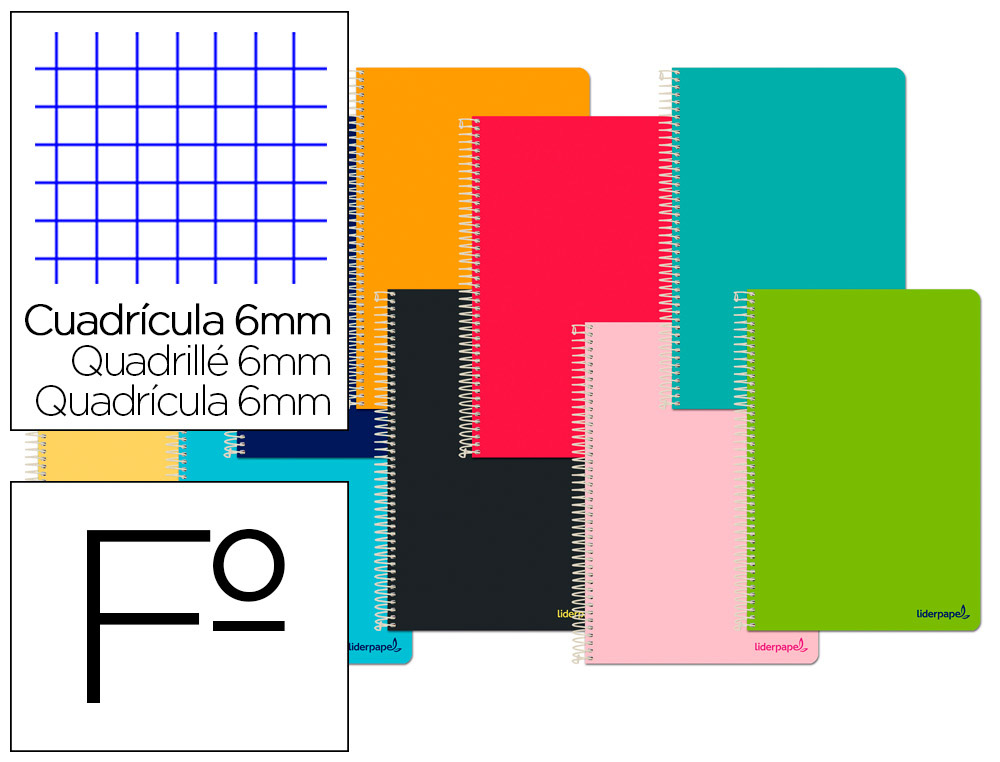 CUADERNO ESPIRAL LIDERPAPEL FOLIO SMART TAPA BLANDA 80H 60GR CUADRO 6 MM CON MARGEN COLORES SURTIDOS