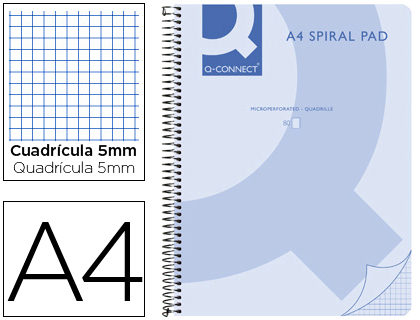 CUADERNO ESPIRAL Q CONNECT A4 MICRO TAPA PLASTICO 80H 70G CUADRO 5MM SIN BANDAS 4 TALADROS AZUL
