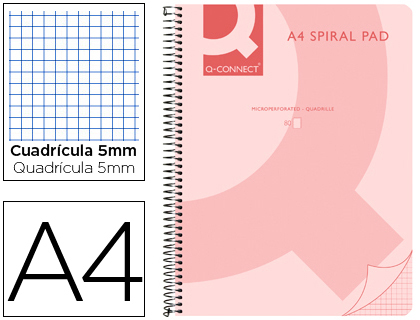 CUADERNO ESPIRAL Q CONNECT A4 MICRO TAPA PLASTICO 80H 70G CUADRO 5MM SIN BANDAS 4 TALADROS ROSA