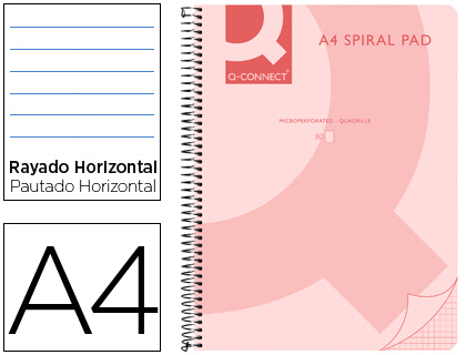 CUADERNO ESPIRAL Q CONNECT A4 MICRO TAPA PLASTICO 80H 70G HORIZONTAL SIN BANDAS 4 TALADROS ROSA
