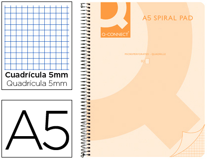 CUADERNO ESPIRAL Q CONNECT A5 MICRO TAPA PLASTICO 80H 70G CUADRO 5MM SIN BANDAS 6 TALADROS NARANJA