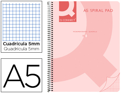 CUADERNO ESPIRAL Q CONNECT A5 MICRO TAPA PLASTICO 80H 70G CUADRO 5MM SIN BANDAS 6 TALADROS ROSA
