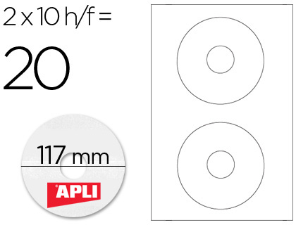 ETIQUETA ADHESIVA APLI 10603 TAMAÑO CD-ROM 117 MM PARA FOTOCOPIADORA LASER INK-JET CAJA CON 10 HOJAS/20 ETIQUETAS
