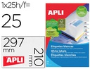 [1215] ETIQUETA ADHESIVA APLI 1215 210X297 MM PARA FOTOCOPIADORA LASER INK-JET CAJA CON 25 HOJAS