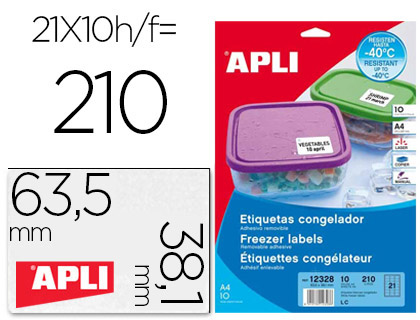 ETIQUETA ADHESIVA APLI 12328 TAMAÑO 63,5X38,1 MM PARA CONGELADOS CAJA CON 10 HOJAS A4 BLANCAS DIRECTIVA EUROPEA