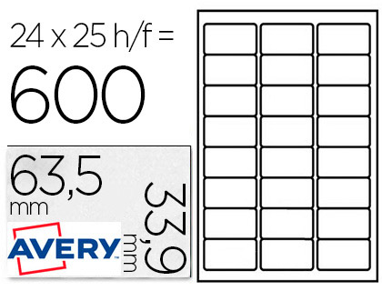 ETIQUETA ADHESIVA AVERY PARA CONGELADOR BLANCA 63,5X33,9 MM INK-JET LASER FOTOCOPIADORAPACK DE 600 UNIDADES