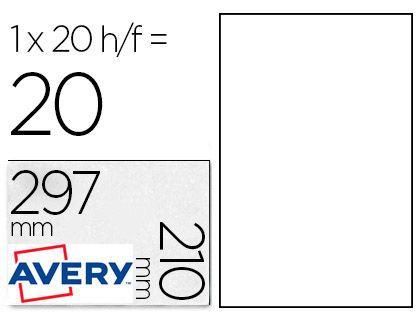 ETIQUETA ADHESIVA RESISTENTE AVERY POLIESTER BLANCA 210X297 MM LASER PACK DE 20 UNIDADES