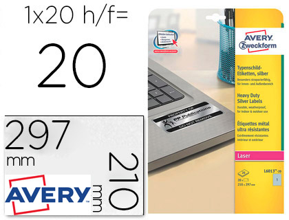 ETIQUETA ADHESIVA AVERY POLIESTER PLATA 210X297 MM PARA IMPRESORA LASER PACK DE 20 UNIDADES