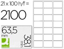 [KF01587] ETIQUETA ADHESIVA Q-CONNECT KF01587 TAMAÑO 63,5X38,1 MM FOTOCOPIADORA LASER INK-JET CAJA CON 100 HOJAS DIN A4