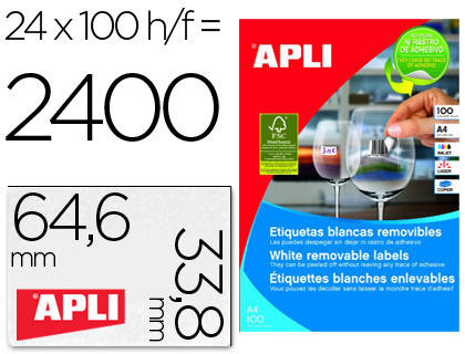 ETIQUETA ADHESIVAS APLI 3056 TAMAÑO 64,6 X 33,8 MM PARA FOTOCOPIADORA LASER INK-JET CAJA CON 100 HOJAS A-4 REMOVI.