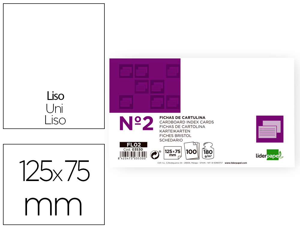 FICHA LIDERPAPEL LISA Nº2 75 X 125MM PAQUETE DE 100 180G