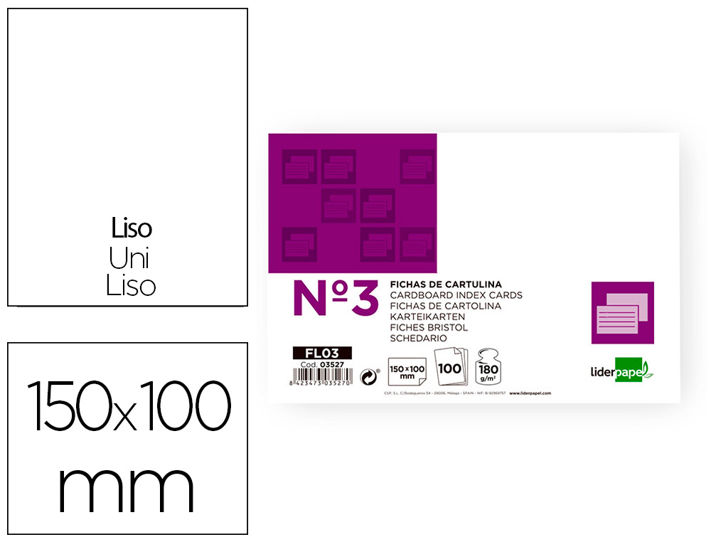 FICHA LIDERPAPEL LISA Nº3 100X150MM PAQUETE DE 100 180G