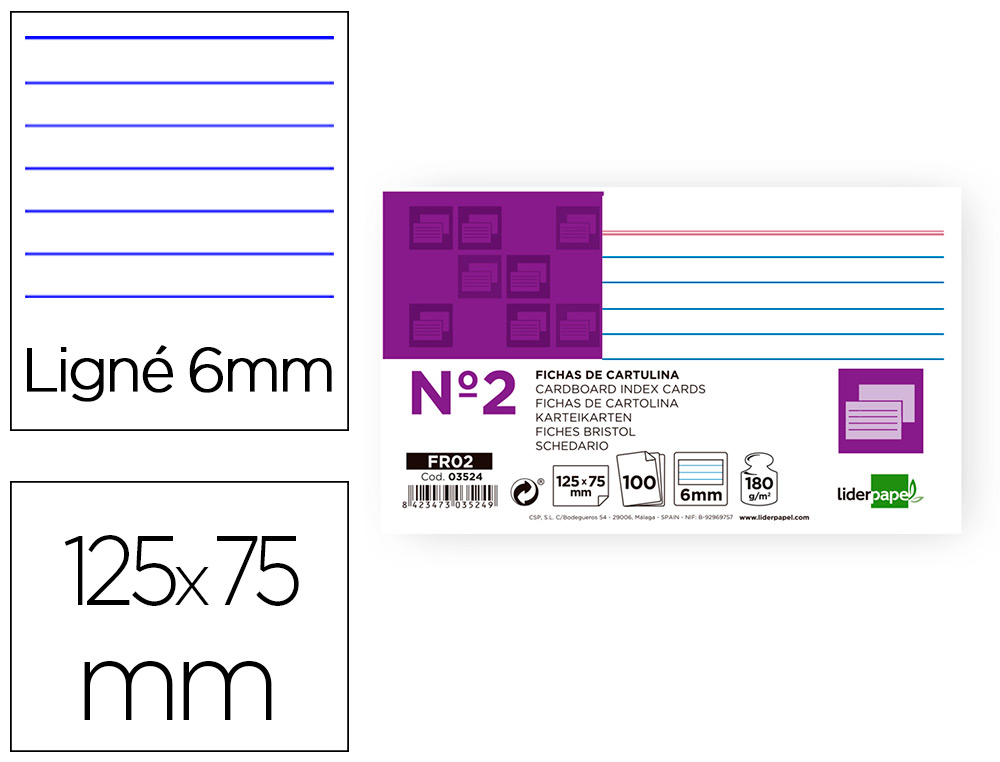 FICHA LIDERPAPEL RAYADA Nº2 75X125 MM 180G/M2 PAQUETE DE 100 UNIDADES