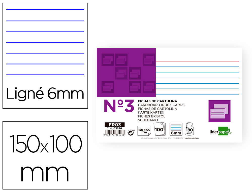 FICHA LIDERPAPEL RAYADA Nº3 100X150 MM 180G/M2 PAQUETE DE 100 UNIDADES