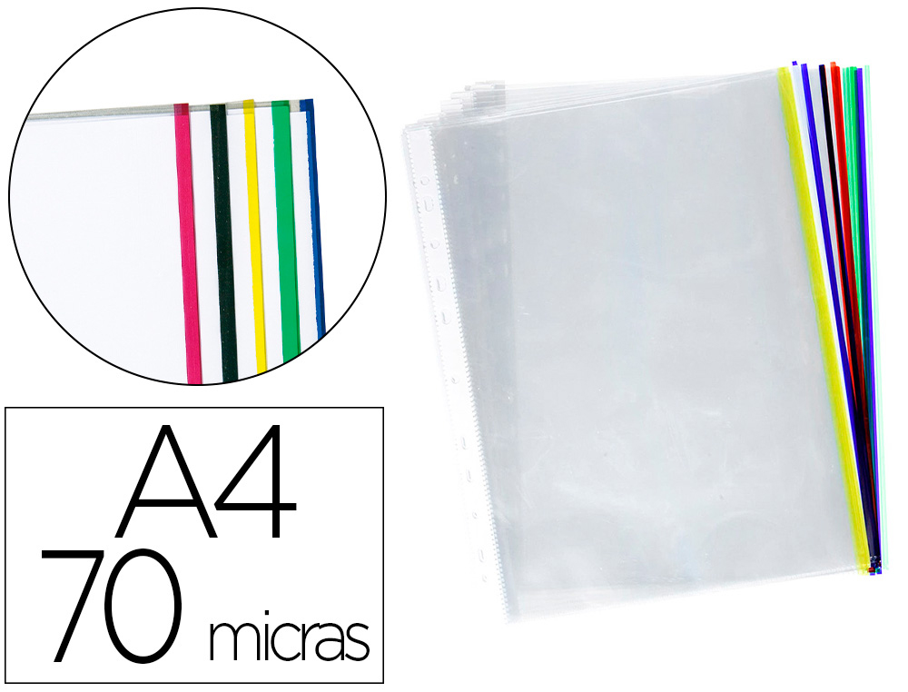 FUNDA MULTITALADRO Q-CONNECT DIN A4 70 MC CRISTAL CON BORDE COLORES SURTIDOS BOLSA DE 25