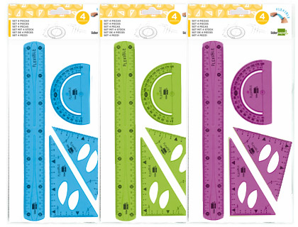 JUEGO ESCUADRA 10 CM CARTABON 14 CM REGLA 30 CM Y SEMICIRC. PLASTICO FLEXIBLE EN PETACA LIDERPAPEL COLORES SURTIDOS