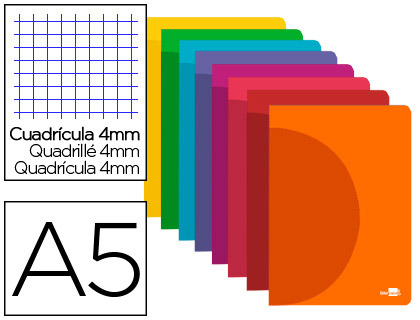 LIBRETA LIDERPAPEL 360 TAPA DE PLASTICO A5 48 HOJAS 90G/M2 CUADRO 4MM CON MARGEN COLORES SURTIDOS