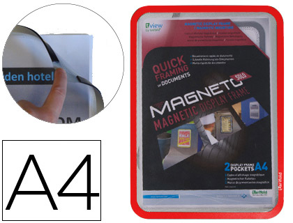 MARCO PORTA ANUNCIOS TARIFOLD MAGNETO DIN A4 CON 4 BANDAS MAGNETICAS EN EL DORSO COLOR ROJO PACK DE 2 UNIDADES