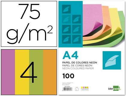 PAPEL COLOR LIDERPAPEL A4 75GR NEON 4 COLORES SURTIDOS PAQUETE DE 100 HOJAS