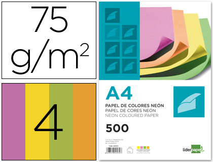 PAPEL COLOR LIDERPAPEL A4 75GR NEON 4 COLORES SURTIDOS PAQUETE DE 500 HOJAS