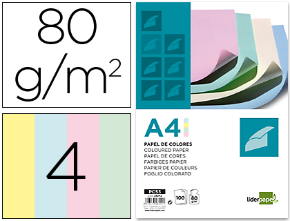 PAPEL COLOR LIDERPAPEL A4 80GR 4 COLORES SURTIDOS PAQUETE DE 100 HOJAS