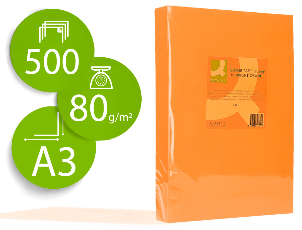 PAPEL COLOR Q-CONNECT DIN A3 0GR NARANJA INTENSO PAQUETE DE 500 HOJAS