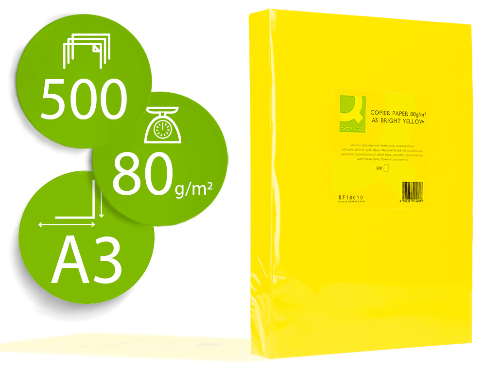 PAPEL COLOR Q-CONNECT DIN A3 80GR AMARILLO INTENSO PAQUETE DE 500 HOJAS