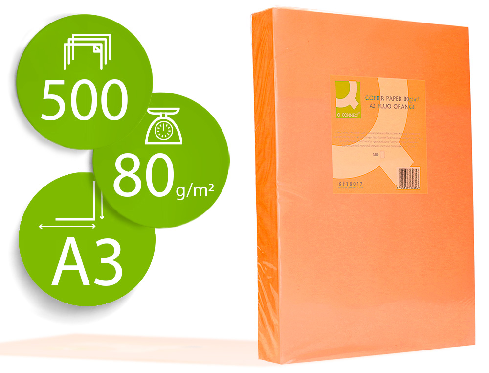 PAPEL COLOR Q-CONNECT DIN A3 80GR NARANJA NEON PAQUETE DE 500 HOJAS