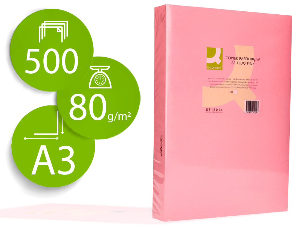 PAPEL COLOR Q-CONNECT DIN A3 80GR ROSA NEON PAQUETE DE 500 HOJAS