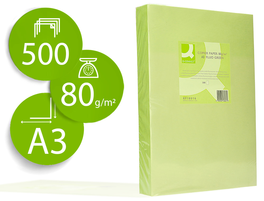 PAPEL COLOR Q-CONNECT DIN A3 80GR VERDE NEON PAQUETE DE 500 HOJAS