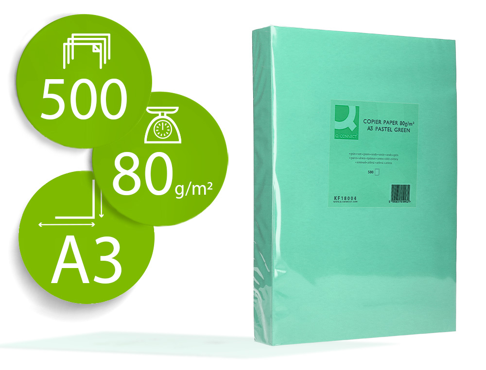PAPEL COLOR Q-CONNECT DIN A3 80 GR VERDE PAQUETE DE 500 HOJAS