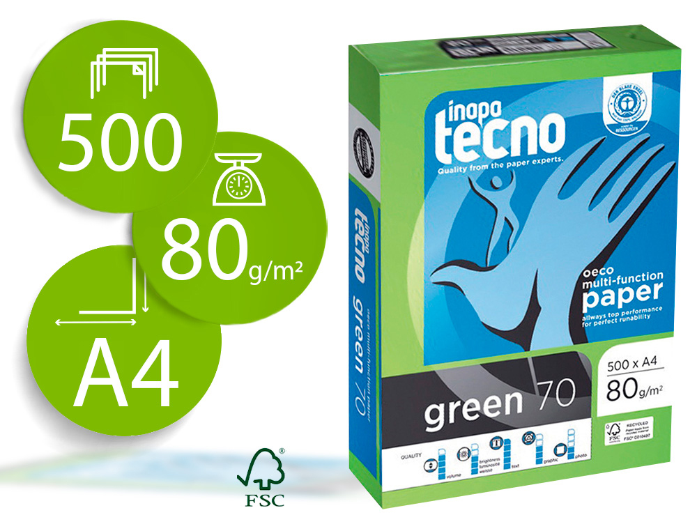 PAPEL FOTOCOPIADORA TECNO GREEN 100% RECICLADO DIN A4 80 GRAMOS PAQUETE DE 500 HOJAS