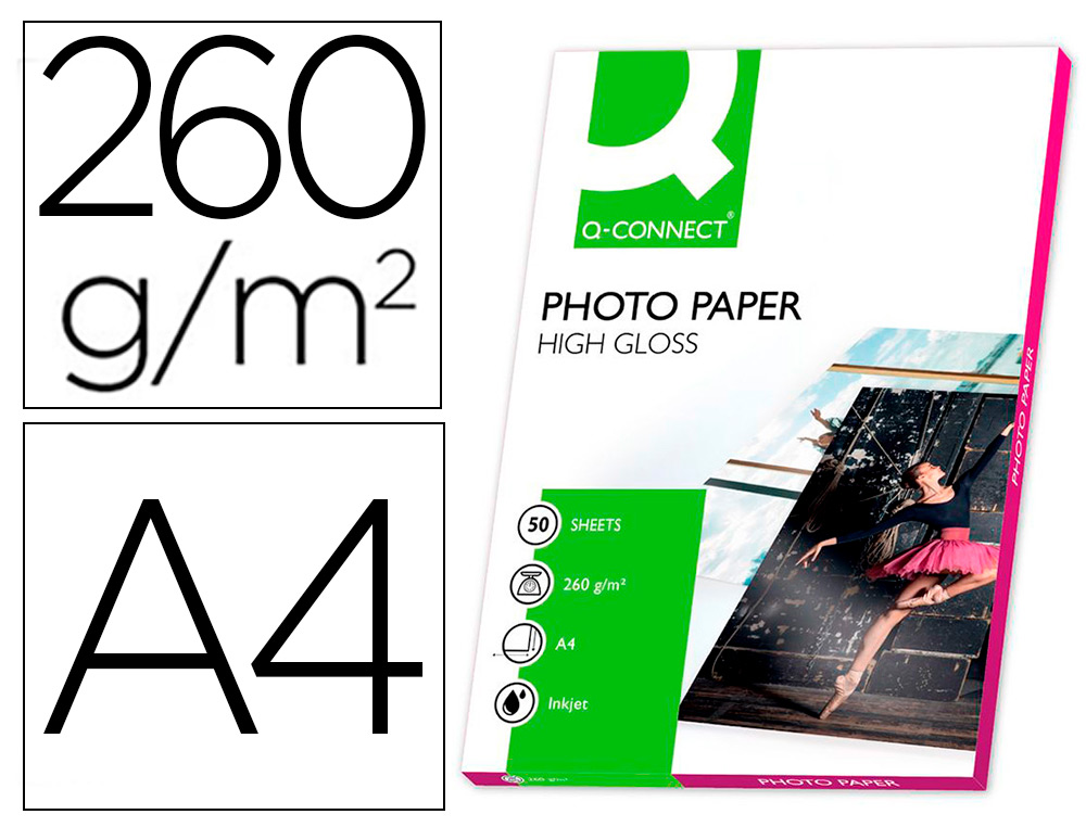 PAPEL Q-CONNECT FOTO GLOSSY DIN A4 ALTA CALIDAD DIGITAL PHOTO PARA INK-JET BOLSA DE 50 HOJAS DE 260 GR