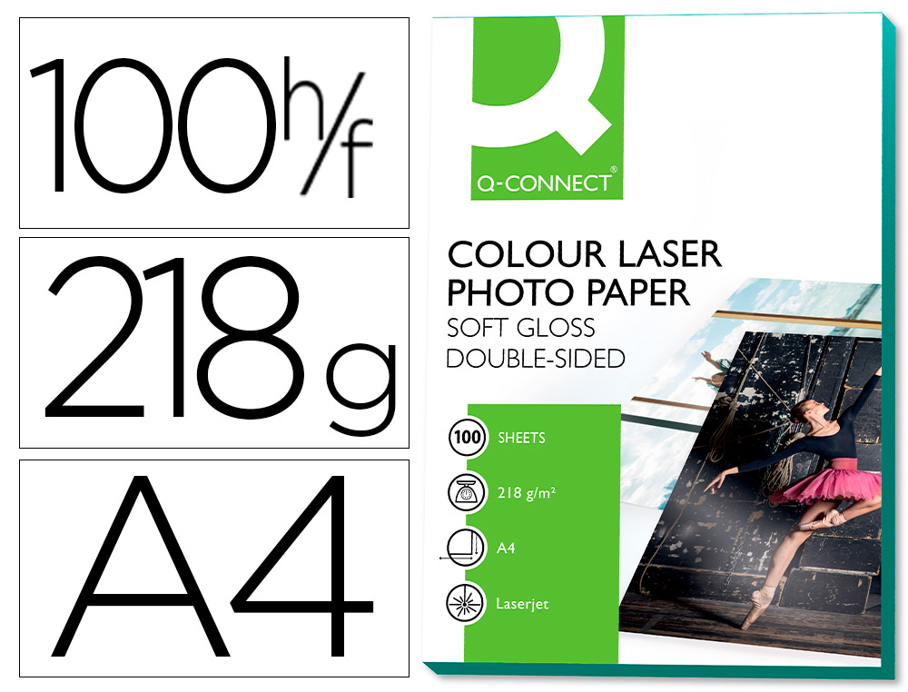 PAPEL Q-CONNECT FOTO GLOSSY DIN A4 PARA FOTOCOPIADORAS E IMPRESORAS LASER PAQUETE DE 100 HOJAS DE 218 GR