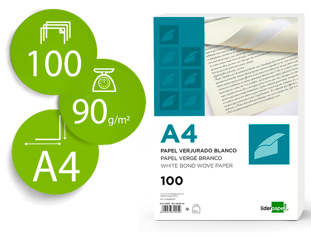 PAPEL VERJURADO LIDERPAPEL A4 120G/M2 BLANCO PAQUETE DE 100 HOJAS
