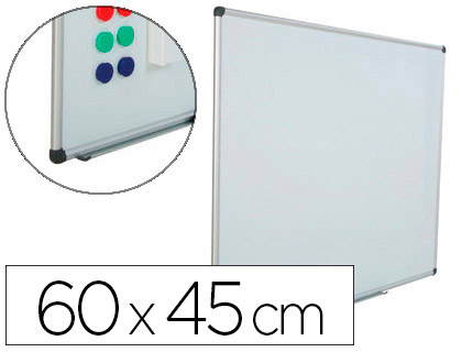PIZARRA BLANCA ROCADA ACERO VITRIFICADO MAGNETICO MARCO ALUMINIO Y CANTONERAS PVC 60X45 CM INCLUYE BANDEJA PARA