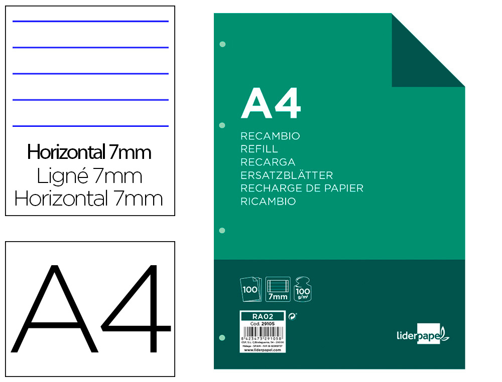 RECAMBIO LIDERPAPEL A4 100 HOJAS 100G/M2 HORIZONTAL CON DOBLE MARGEN 4 TALADROS