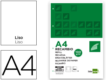 RECAMBIO LIDERPAPEL A4 100 HOJAS 100G/M2 LISO 4 TALADROS DOBLE MARGEN