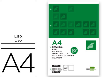 RECAMBIO LIDERPAPEL A4 100 HOJAS 100G/M2 LISO SIN MARGEN 4 TALADROS