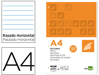 RECAMBIO LIDERPAPEL A4 100 HOJAS 100 G/M2 RAYADO HORIZONTAL CON MARGEN 4 TALADROS