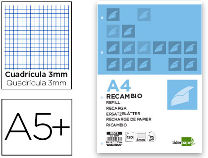 RECAMBIO LIDERPAPEL CUARTO 100 HOJAS 60G/M2 CUADRO 3MM CON MARGEN 6 TALADROS