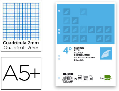 RECAMBIO LIDERPAPEL CUARTO 100 HOJAS 60G/M2 MILIMETRADO SIN MARGEN 6 TALADROS