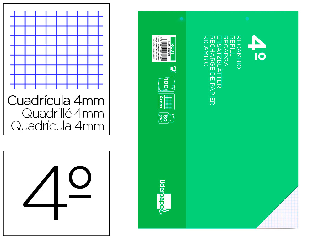 RECAMBIO LIDERPAPEL CUARTO APAISADO 100 H 2TCA-01 CUADRO 4 MM 2 TALADROS CON MARGEN