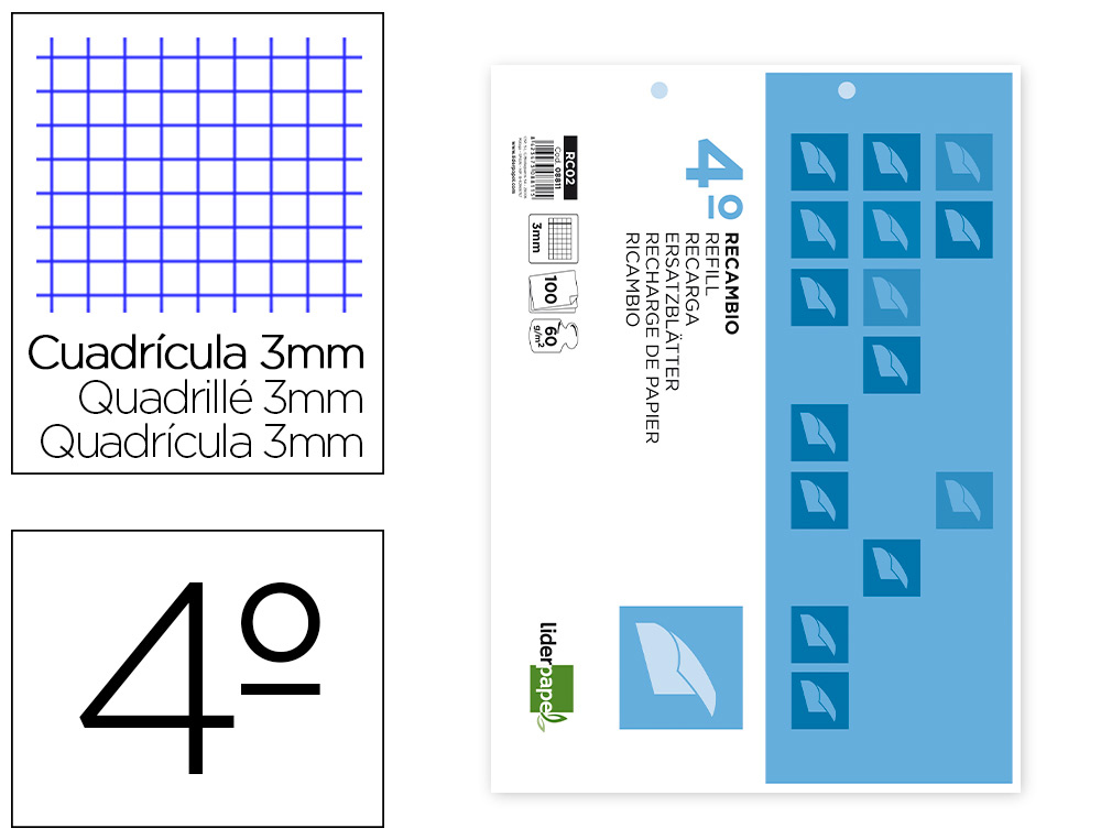RECAMBIO LIDERPAPEL CUARTO APAISADO 100 H 2TCA-06 CUADRO 3 MM 2 TALADROS CON MARGEN
