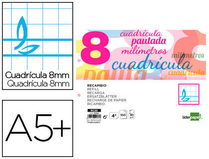 RECAMBIO LIDERPAPEL CUARTO APAISADO PAUTAGUIA 100 HOJAS 75 G CUADRICULADO PAUTADO 8 MM CON MARGEN 2 TALADROS