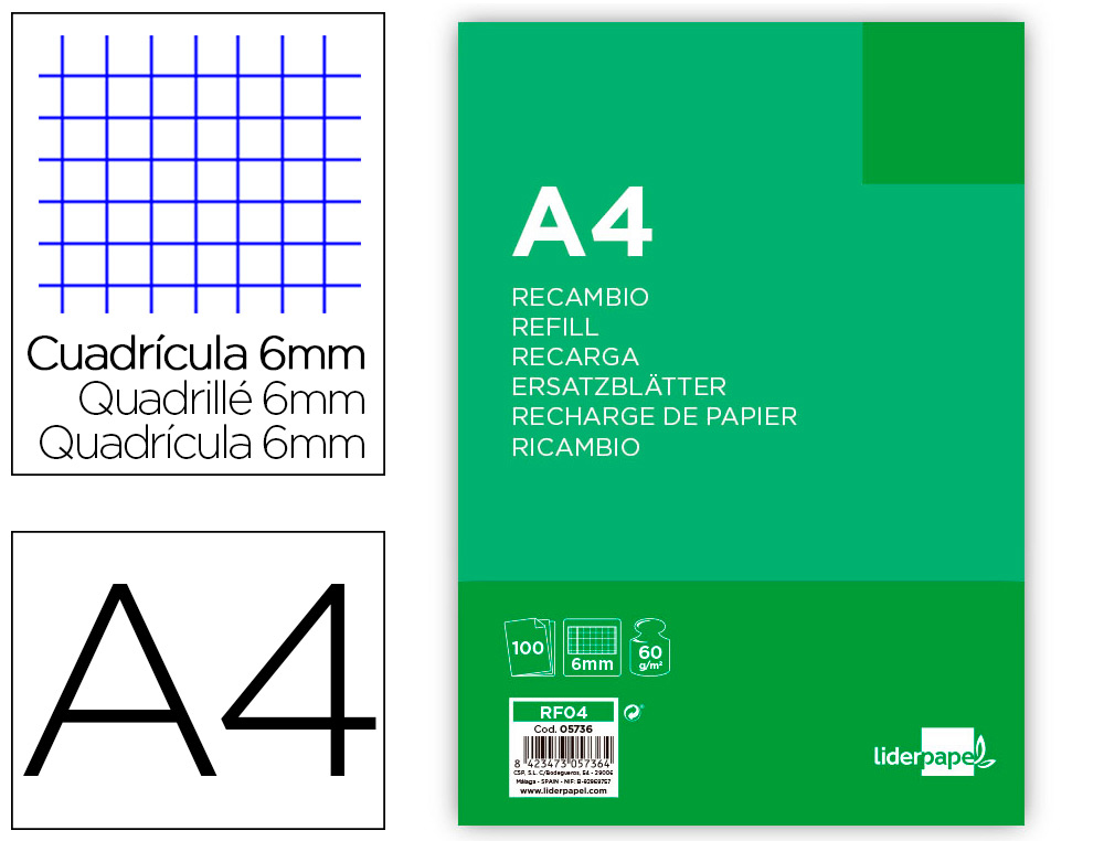 RECAMBIO LIDERPAPEL FOLIO 100 H 4TF-07 CUADRO 6 MM 4 TALADROS CON MARGEN