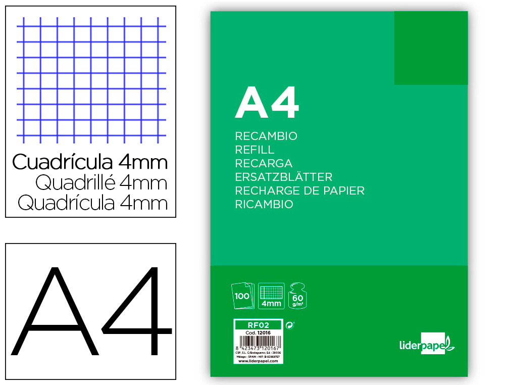 RECAMBIO LIDERPAPEL FOLIO 100 HOJAS 60G/M2CUADRO 4MM CON MARGEN SIN TALADROS