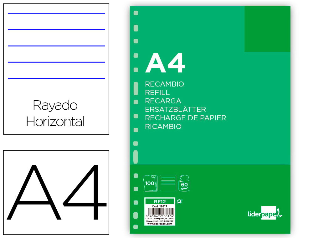 RECAMBIO LIDERPAPEL FOLIO 100 HOJAS 60G/M2 HORIZONTAL SIN MARGEN 16 TALADROS